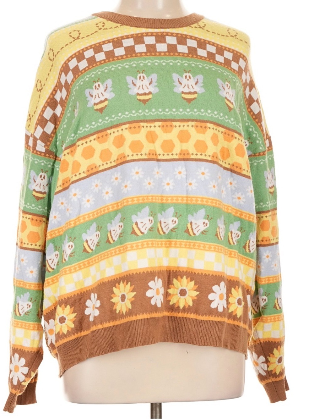 “Boo Bees” Pattern Crewneck Sweater - Green/Yellow/Brown